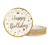 DHAIQC Lot de 50 Assiette Jetable Anniversaire 23cm, Blanc Vaisselle Jetable Anniversaire Assiettes Dessert Assiette Carton pour Barbecue Camping Mariages Fête Anniversaire (Anniversaire Blanc, 23CM)
