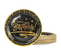 DHAIQC Lot de 50 assiettes en carton noires et dorées - Assiettes en carton d'anniversaire - 23 cm - Rose avec bord doré - Assiettes jetables - Assiettes en carton - Pour anniversaire d'enfant