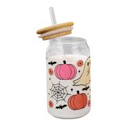 d'Halloween avec pailles - Tasse en verre de fantôme pour café glacé, 400 ml avec couvercle pour adolescents, , femmes, adultes - Halloween adultes et jeunes