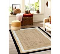 DHARVA LOOM Tapis rustique bohème naturel, durable et élégant en jute naturelle tissée à la main pour salon, 7,6 x 4,6 m, noir et blanc