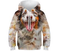DHBANEIOK Chien de Berger Australien Unisexe 3D Imprimé Sweat À Capuche Pull À Manches pour Hommes Femmes Manches Longues Hoodie 12-14Y