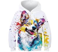 DHBANEIOK Le Chien Le Chien Corgi Sweat À Capuche Enfant 3D Pull Imprimé Hoodie Manches Longues Sweat-Shirt avec Poches À Cordon 12-14Y