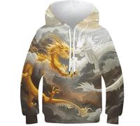 DHBANEIOK Le Le Dragon Homme Sweats À Capuche 3D Pull Imprimé À Manches Longues Sweatshirt avec Poches À Cordon 9-11Y