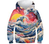 DHBANEIOK Les Vagues de la mer Sweat À Capuche Enfant 3D Pull Imprimé Hoodie Manches Longues Sweat-Shirt avec Poches À Cordon 10-12Y