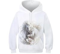 DHBANEIOK Whisky Cheval Blanc Enfants Ado Fille Garçons Sweats À Capuche Hoodies Impression 3D Vivid Graphique Sweat Poche Pullover À Capuche pour 11-13Y