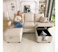 DHHU 188cm Canape en Chenille, Canape d'angle Modulable en Forme de U, Canapé Convertible 3 Places avec Pouf de Rangement et 2 Tiroirs, Coussins Confort, pour Salon, APT et Bureau, Beige-F
