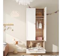 DHHU Armoire Enfant avec Espace de Repos pour Chat et Penderie, Meuble de Rangement 200 cm avec Ouverture Ourson, Design Scandinave Blanc et Bois Naturel, Poignées Céramique Colorées, 80x50x200 cm