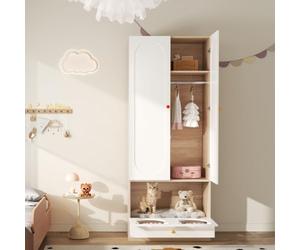 DHHU Armoire Enfant avec Espace de Repos pour Chat et Penderie, Meuble de Rangement 200 cm avec Ouverture Ourson, Design Scandinave Blanc et Bois Naturel, Poignées Céramique Colorées, 80x50x200 cm