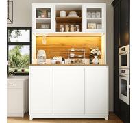 DHHU Armoires Cuisine, Buffet, Haut Vaisselier avec Électriques LED, avec Plans de Travail et 4 Portes, Compartiment Poubelle, Étagères Réglables, Cuisine, Salon, 40 x 120 x 180 cm (Blanc-11W)