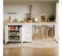 DHHU Îlot Central Cuisine Extensible 116-179,5 cm avec Rangements, Table de Bar avec 3 Tiroirs et Snack-Regals, Meuble de Cuisine sur roulettes, Blanc