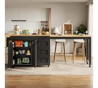 DHHU Îlot Central Cuisine Extensible 116-179,5 cm avec Rangements, Table de Bar avec 3 Tiroirs et Snack-Regals, Meuble de Cuisine sur roulettes, Noir