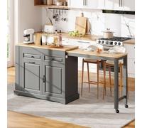 DHHU Îlot Central Cuisine Gris avec Plan De Travail Extensible 112-180 Cm, Meuble Cuisine Mobile sur roulettes avec Rangement Et Tiroirs, Desserte Cuisine Multifonction pour Petit Espace