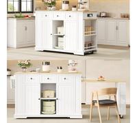 DHHU Îlot Central Cuisine Mobile avec Table Extensible, Meuble de Cuisine avec Prises USB, Chariot de Cuisine 138-213 cm, Blanc