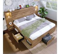 DHHU Lit Double 180x200 cm avec Spots LED Intégrés et Chargeur USB/Type-C, Tête de Lit à Niche Éclairée, Tables de Chevet Suspendues, Tiroirs de Rangement sous Le Lit, Structure Métal Robuste