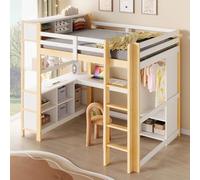 DHHU Lit Mezzanine 140x200cm, Lit Hauteur Adolescent avec Espace de Rangement Intégré, Armoire Ouverte, Échelle de Sécurité, Protection Antichute, Structure Pin Robuste, San Matelas, Naturel-H