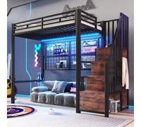 DHHU Lit Mezzanine 90x200 cm en Fer avec penderie, échelle de Rangement, Tringle et éclairage LED 7 Couleurs - Espace Ouvert sous Le lit, Gain de Place
