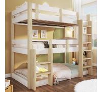 DHHU Lit Superposé 3 Places, Lit Adolescent 90×190cm avec Deux échelles de sécurité, Structure Pin Robuste, Protection Antichute, Support Lattes en Bois, Gagnez de l'espace, San Matelas, Blanc-G