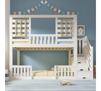 DHHU Lit Superposé Enfant 90 x 200 cm, Lit Mezzanine 2 Places, Lit Cabane Enfants Multifonction avec Escalier de Rangement, sans Matelas, Protection Anti-Chute, Blanc