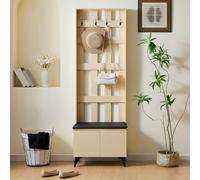 DHHU Meuble d’entrée avec Banc et patères, 4 Crochets muraux, Assise rembourrée, Rangement Chaussures sous Le siège, MDF Bois Clair, Pieds Acier Noir, 60x35x180 cm, Design scandinave