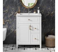 DHHU Meuble Lave-Mains 61 cm avec Vasque en Céramique, Meuble de Salle de Bain Blanc avec Tiroir Rabattable et Porte-Regals, Poignées Dorées