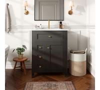 DHHU Meuble Lave-Mains 61 cm avec Vasque en Céramique, Meuble de Salle de Bain Noir Haute Brillance avec Tiroir Rabattable et Rangements, Poignées Dorées