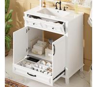 DHHU Meuble Lave-Mains 77 cm avec Vasque en Céramique, Meuble Vasque Salle de Bain avec Rangements et Soft-Close, Lavabo Salle de Bain avec 9 Compartiments et Portes Prégées, Meuble WC Blanc