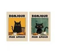 DHHXY Bonjour Mon Amour, affiche sur toile imprimée représentant un chat noir amusant et un café, style rétro, mignon et abstrait, décoration intérieure (40 x 60 cm x 2 pièces/sans cadre)