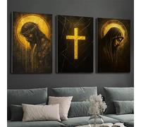 DHHXY Ensemble de 3 toiles décoratives religieuses représentant Jésus et la Vierge Marie avec une croix dorée, pour la maison, le bureau ou l'église (70 x 100 cm x 3 / sans cadre)