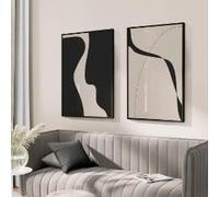 DHHXY Grande affiche d'art minimaliste abstrait, dessin au trait, peinture sur toile beige et noire, tableau moderne pour la décoration du salon (50 x 70 cm x 2 pièces/sans cadre)