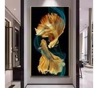 DHHXY Tableau abstrait sur toile représentant des carpes koï, des poissons et des lotus, dans un étang, selon le Feng Shui (50 x 100 cm, toile tendue sur châssis).