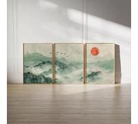 DHHXY Tableau sur toile vert sauge Japandi, vue simple de montagne japonaise, impression sur toile, décoration zen de bureau pleine lune (60 x 80 cm x 3 / châssis entoilé)