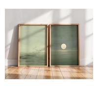 DHHXY Très grand tableau vert foncé, impression simple de coucher de soleil vert sauge, décoration zen, art paysager abstrait, art mural bohème (60 x 80 cm x 2 pièces/sans cadre)