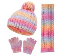 D'hiver Enfant Bonnet avec Cache-Oreille Écharpe Gants 3 en 1, Doublure Intérieure en Polaire Bonnet en Tricot Chaud Élastique Cache-Cou Gants à écran Tactile pour Fille Garçon 3-10 ans