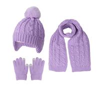 D'hiver Enfant Bonnet avec Cache-Oreille Écharpe Gants 3 en 1, Doublure Intérieure en Polaire Bonnet en Tricot Chaud Élastique Cache-Cou Gants à écran Tactile pour Fille Garçon 3-10 ans