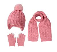 D'hiver Enfant Bonnet avec Cache-Oreille Écharpe Gants 3 en 1, Doublure Intérieure en Polaire Bonnet en Tricot Chaud Élastique Cache-Cou Gants à écran Tactile pour Fille Garçon 3-10 ans