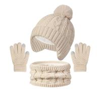D'hiver Enfant Bonnet avec Cache-Oreille Écharpe Gants 3 en 1, Doublure Intérieure en Polaire Bonnet en Tricot Chaud Élastique Cache-Cou Gants à écran Tactile pour Fille Garçon 3-10 ans