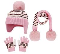 D'hiver Enfant Bonnet avec Cache-Oreille Écharpe Gants 3 en 1, Doublure Intérieure en Polaire Bonnet en Tricot Chaud Élastique Cache-Cou Gants à écran Tactile pour Fille Garçon 3-10 ans