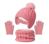 D'hiver Enfant Bonnet avec Cache-Oreille Écharpe Gants 3 en 1, Doublure Intérieure en Polaire Bonnet en Tricot Chaud Élastique Cache-Cou Gants à écran Tactile pour Fille Garçon 3-10 ans