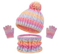 D'hiver Enfant Bonnet avec Cache-Oreille Écharpe Gants 3 en 1, Doublure Intérieure en Polaire Bonnet en Tricot Chaud Élastique Cache-Cou Gants à écran Tactile pour Fille Garçon 3-10 ans