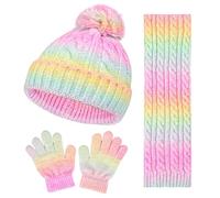 D'hiver Enfant Bonnet avec Cache-Oreille Écharpe Gants 3 en 1, Doublure Intérieure en Polaire Bonnet en Tricot Chaud Élastique Cache-Cou Gants à écran Tactile pour Fille Garçon 3-10 ans