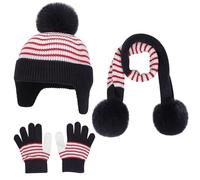 D'hiver Enfant Bonnet avec Cache-Oreille Écharpe Gants 3 en 1, Doublure Intérieure en Polaire Bonnet en Tricot Chaud Élastique Cache-Cou Gants à écran Tactile pour Fille Garçon 3-10 ans
