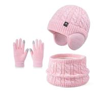 D'hiver Enfant Bonnet avec Cache-Oreille Écharpe Gants 3 en1, Doublure Intérieure en Polaire Bonnet en Tricot Chaud Élastique Cache-Cou Gants à écran Tactile pour Fille Garçon 4-10