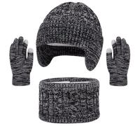 D'hiver Enfant Bonnet avec Cache-Oreille Écharpe Gants 3 en1, Doublure Intérieure en Polaire Bonnet en Tricot Chaud Élastique Cache-Cou Gants chauds pour Fille Garçon
