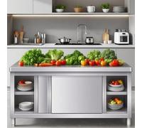 DHNDSDP Table de Travail à Arrondis H 80 Cm Conception Porte Coulissante Tables INOX Pieds Réglables sans Rails Grand Espace Rangement Plan Épais Grande Capacité