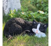 DHOBY GHAUT Statue de Chat endormi pour décoration de Jardin, Sculpture de Chat extérieur et Figurine décorative de pelouse, Statue tigrée Noire et Blanche pour terrasse, pelouse, Cour, Accessoire