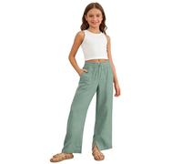 DhogSuai Pantalon en Lin pour Filles, Jambes Larges, Scolaire, Confortable, Taille élastique, Pantalon d'été décontracté pour la Plage avec Poches Combinaison Fille Chic (Mint Green, 4-5 Years)