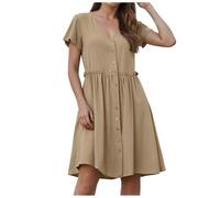 DhogSuai Robe d'été boutonnée, Manches flottantes, en Coton et Lin, avec Poches, Robe de Plage décontractée en Forme de A (Beige, XL)