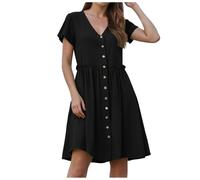 DhogSuai Robe d'été boutonnée, Manches flottantes, en Coton et Lin, avec Poches, Robe de Plage décontractée en Forme de A (M)