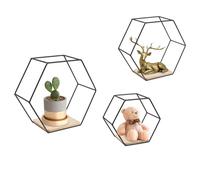 DHQCQL Étagère murale flottante en 3 parties avec hexagones, en métal et bois véritable, pour décoration murale moderne dans le salon, la chambre à coucher, la salle de bain, le café et l'hôtel,