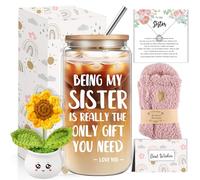 DHQH Ensemble de cadeaux d'anniversaire pour sœurs de la part d'une sœur, de Noël, de fête des mères avec tasse en verre de 473,6 g pour maman, enseignante, tante, grand-mère et fille